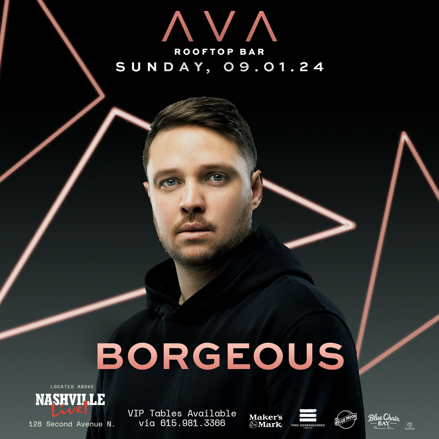 Borgeous is performing Sunday, September 1st at AVA Rooftop on 2nd Ave at Nashville Live!