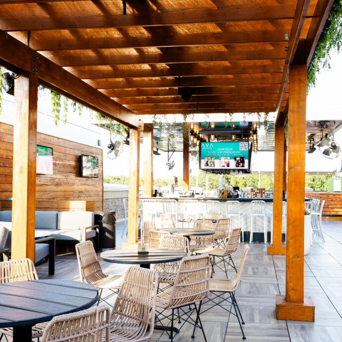 Wide shot of empty AVA Rooftop Bar.